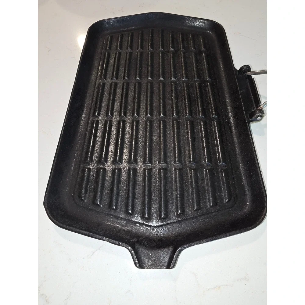 LLSA Italian Cast Iron Grill Pan Sage Green Enamel Folding Handle France 13 x 8